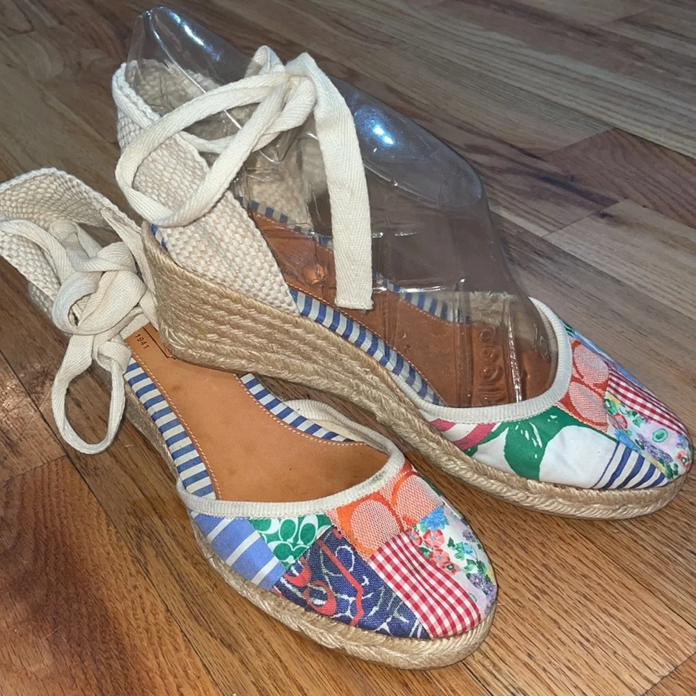 Coach Womens Kerrie Patchwork Canvas Wedge Espadrille Ankle Tie Sz 10